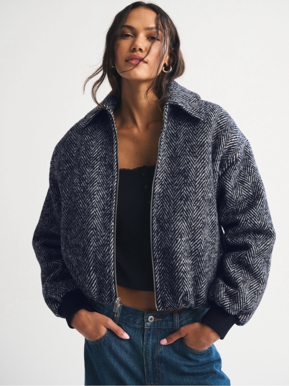 A&F Wool-blend Bubble Hem Bomber Women’s Black & Gray Herringbone